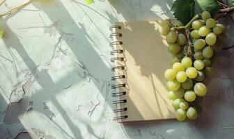 Closed notebook on a light gray table with a bunch of grapes photo