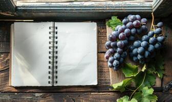 Notebook on a wooden table with a bunch of grapes photo