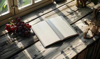 Notebook on a wooden table with a bunch of grapes photo