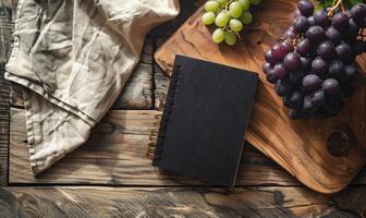 Notebook on a wooden table with a bunch of grapes photo