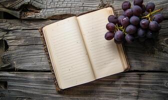Notebook on a wooden table with a bunch of grapes photo