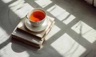 Stack of books on a light gray table with a cup of tea next to it photo