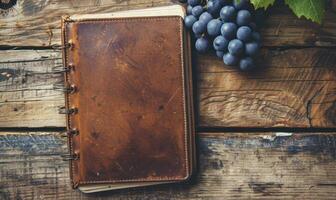 Notebook on a wooden table with a bunch of grapes photo