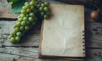 Notebook on a wooden table with a bunch of grapes photo