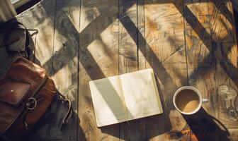 Notebook on a wooden table with a cup of tea and a handbag photo