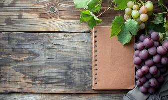 Notebook on a wooden table with a bunch of grapes photo