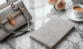 Closed notebook on a light gray table with a cup of coffee on the right and a handbag on the left photo