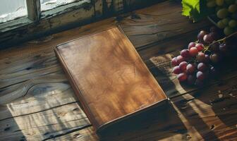 Notebook on a wooden table with a bunch of grapes photo