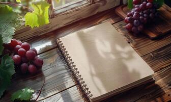 Notebook on a wooden table with a bunch of grapes photo