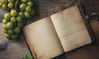 Notebook on a wooden table with a bunch of grapes photo