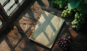 Notebook on a wooden table with a bunch of grapes photo