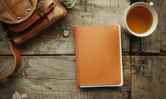 Notebook on a wooden table with a cup of tea and a handbag photo