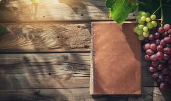 Notebook on a wooden table with a bunch of grapes photo