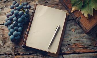 Notebook on a wooden table with a bunch of grapes photo