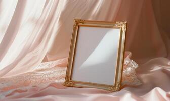 White blank card in an elegant gold frame on a pastel pink table, with a delicate lace cloth, soft lighting photo