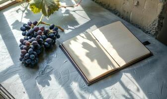 Closed notebook on a light gray table with a bunch of grapes on the left photo
