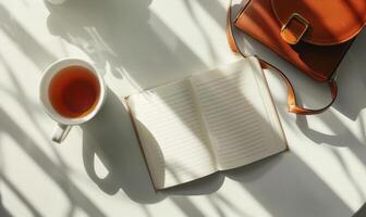 Closed notebook on a light gray table with a cup of tea on the left and a handbag on the right photo