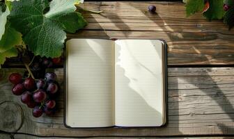 Notebook on a wooden table with a bunch of grapes photo