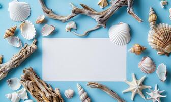 White blank card on a pastel sky blue background, with a small collection of seashells and a piece of driftwood photo