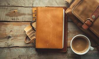 Notebook on a wooden table with a cup of tea and a handbag photo