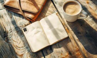 Notebook on a wooden table with a cup of tea and a handbag photo