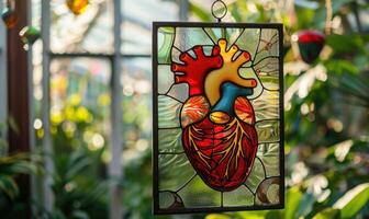 manchado vaso panel presentando un humano corazón, colgando en un jardín conservatorio foto