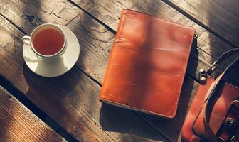 Notebook on a wooden table with a cup of tea and a handbag photo