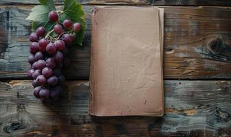 Notebook on a wooden table with a bunch of grapes photo