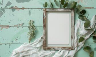 White blank card in a rustic wooden frame on a pastel mint green table, with a sprig of eucalyptus and a linen cloth photo