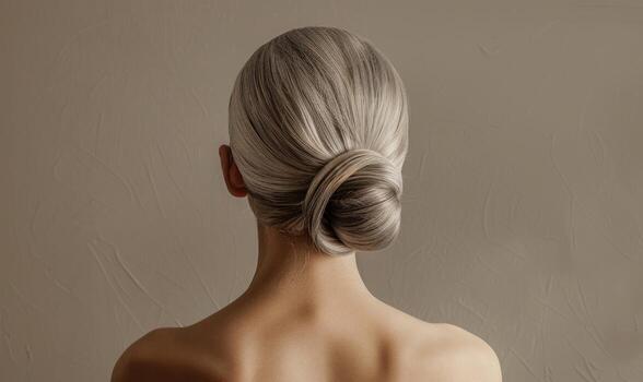un mujer con plata cabello, estilizado en un pulcro moño, espalda ver foto