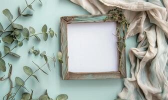 White blank card in a rustic wooden frame on a pastel mint green table, with a sprig of eucalyptus and a linen cloth photo