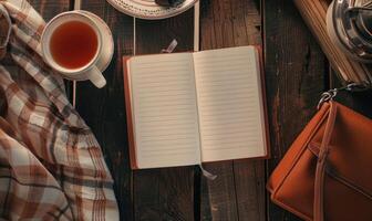 Notebook on a wooden table with a cup of tea and a handbag photo