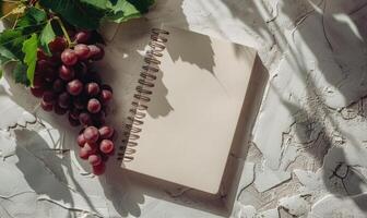 Closed notebook on a light gray table with a bunch of grapes on the left photo