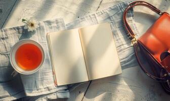 Closed notebook on a light gray table with a cup of tea and a handbag photo