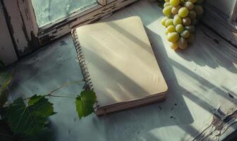 Closed notebook on a light gray table with a bunch of grapes photo
