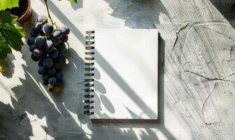 Closed notebook on a light gray table with a bunch of grapes on the left photo