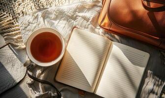Closed notebook on a light gray table with a cup of coffee on the left and a handbag on the right photo