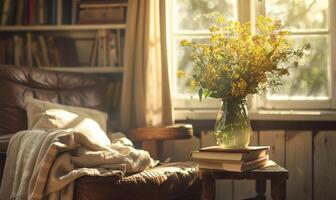 A cozy reading corner bathed in warm afternoon light photo