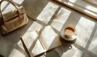 Closed notebook on a light gray table with a cup of tea on the right and a handbag on the left photo