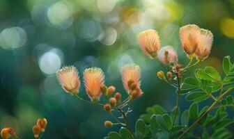 A close-up view of Mimosa seed pods against a blurred background of lush foliage photo