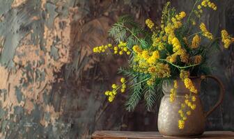 A close-up shot of Mimosa branches arranged in a vintage pitcher photo