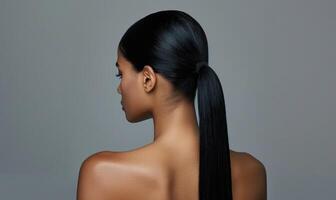 A woman with jet black hair fashioned into a sleek high ponytail, back view photo