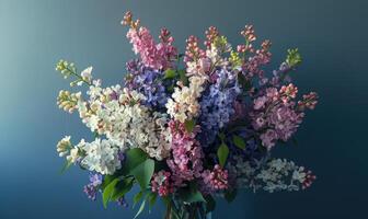 A bouquet featuring both lilacs and laburnums against blue wall photo