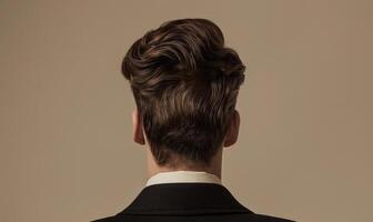 A man with chestnut brown hair on neutral background, back view photo