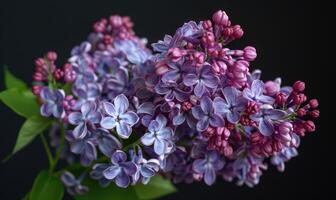 Lilac branch on black background, closeup view photo