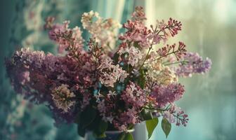 A bouquet of lilacs on the windowsill, closeup view photo