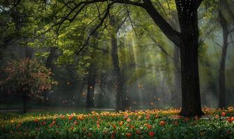 Tulips in the forest under the rain photo