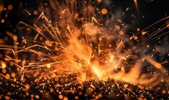 Macro photograph capturing the intricate details of flames and sparks in an explosion against a black backdrop photo