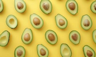 Fresh avocado slices arranged in a circular pattern on a pastel yellow background photo