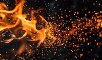 Macro photograph capturing the intricate details of flames and sparks in an explosion against a black backdrop photo